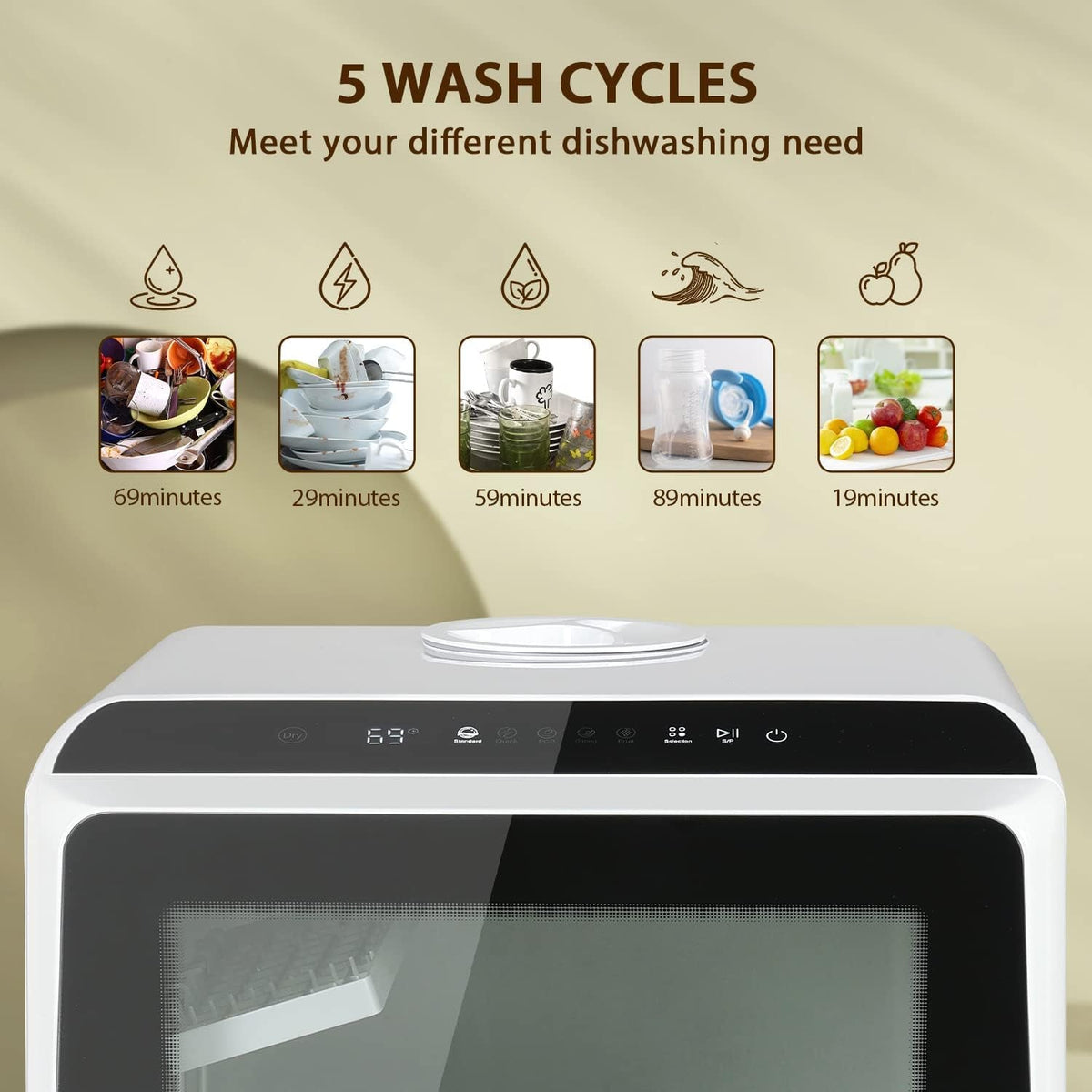 eklipt Table Top Dishwasher – Mini Countertop, 6 Programs, Built-In 5L Water Tank, Touch Control & Drying Cycle