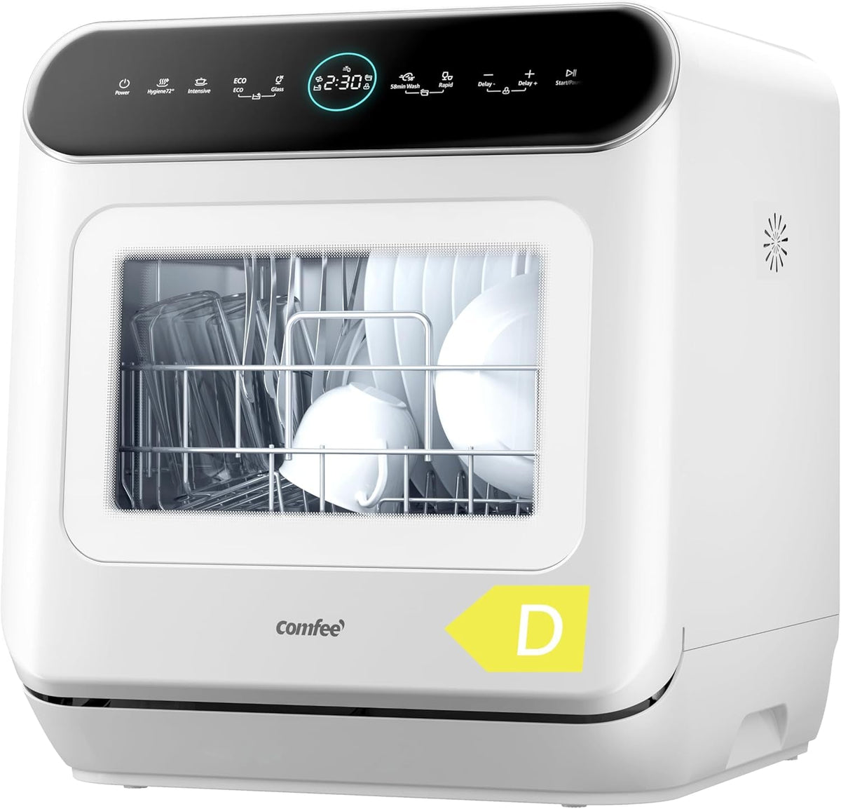 COMFEE’ Mini Plus Table Top Dishwasher – 7+3 Programs, 6L Water Tank, No Plumbing Required