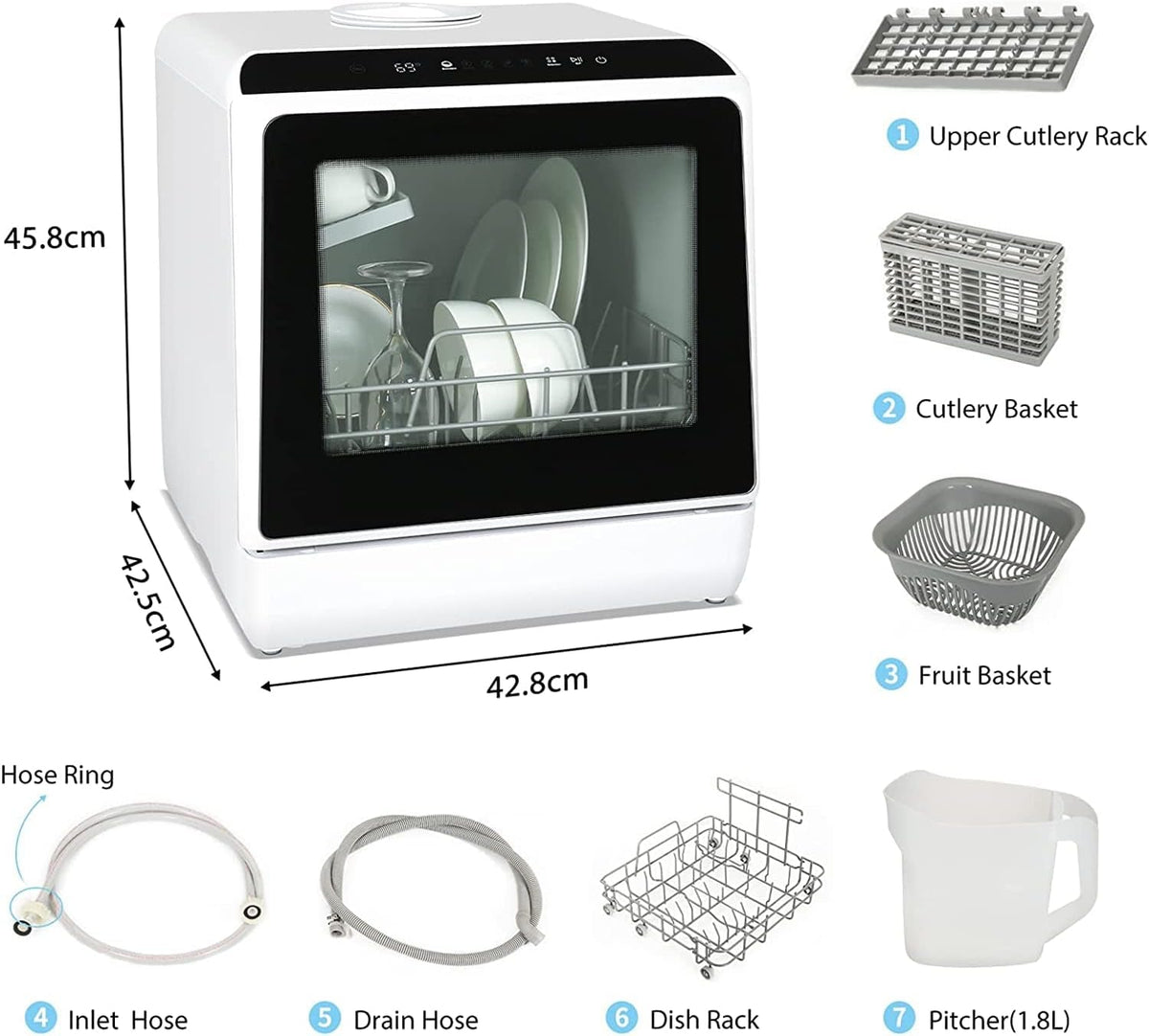 eklipt Table Top Dishwasher – Mini Countertop, 6 Programs, Built-In 5L Water Tank, Touch Control & Drying Cycle